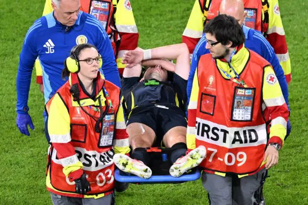 Kieran Tierney is stretchered off during Scotland v Switzerland