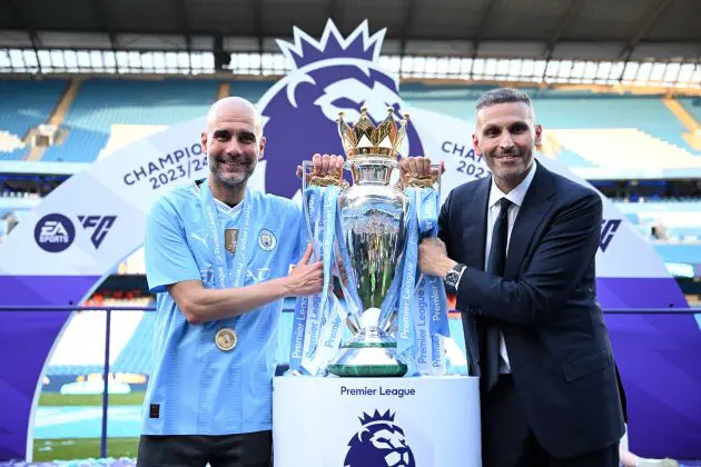 Man City chairman Khaldoon Al Mubarak with manager Pep Guardiola