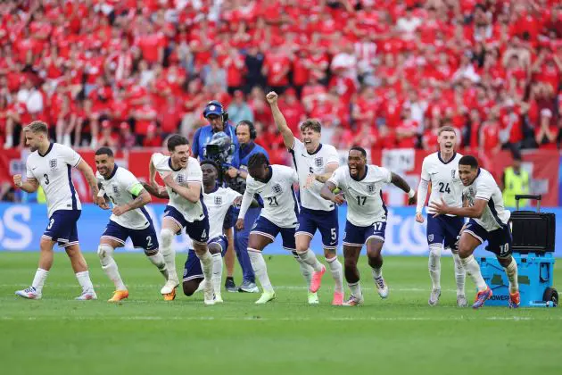 England celebrate their penalty shoot-out win over Switzerland