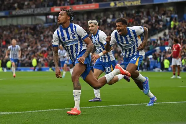 Brighton forward Joao Pedro celebrates his winner against Man Utd
