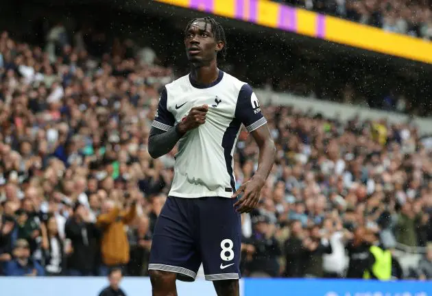 Bissouma celebrates after scoring for Spurs against Everton