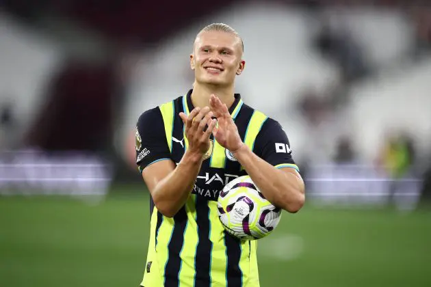 Erling Haaland celebrates his hat-trick against West Ham