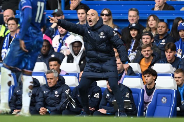 LONDON, ENGLAND - OCTOBER 27: Chelsea head coach Enzo Maresca shouts instructions during the Premier League match between Chelsea FC and Newcastle United FC at Stamford Bridge on October 27, 2024 in London, England. (Photo by Mike Hewitt/Getty Images)