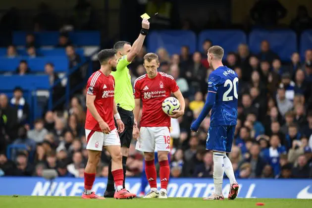 Chelsea's Cole Palmer is shown a yellow card