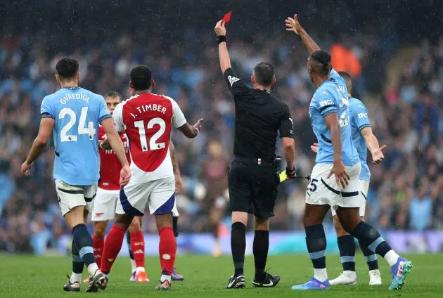 Leandro Trossard is sent off against Man City