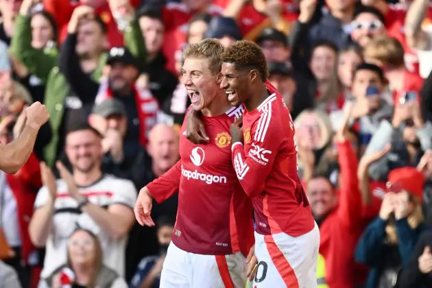 Rasmus Hojlund celebrates with Marcus Rashford