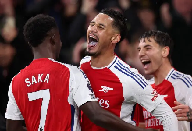 William Saliba celebrates for Arsenal against Man Utd