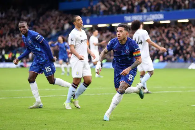 Enzo Fernandez celebrates after scoring against Aston Villa.