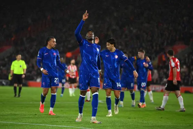 Noni Madueke celebrates against Southampton.