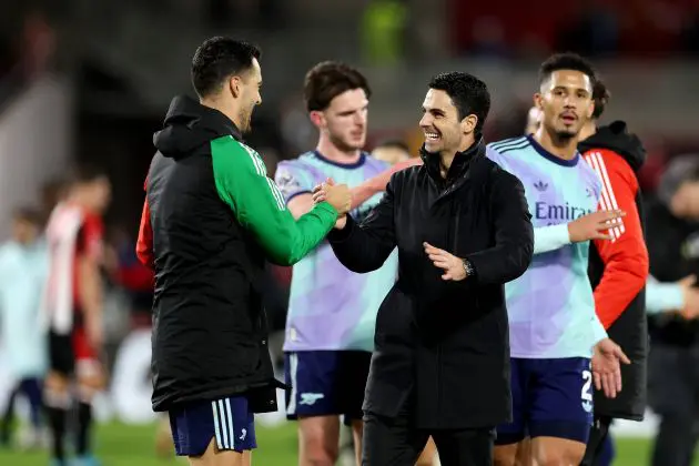 Arsenal midfielder Mikel Merino and manager Mikel Arteta