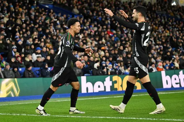 Ethan Nwaneri celebrates his goal against Brighton
