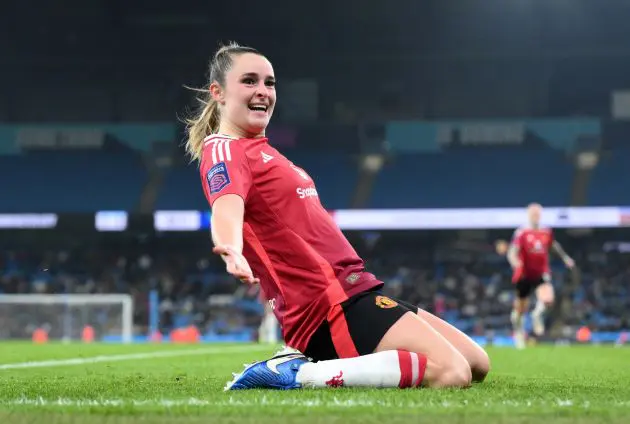 Ella Toone celebrating a goal at the Etihad (Photo by Ben Roberts Photo/Getty Images via OneFootball)