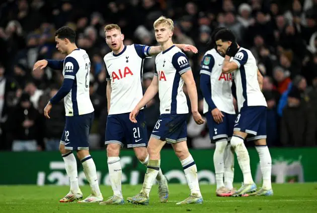 Spurs celebrate Lucas Bergvall's goal against Liverpool