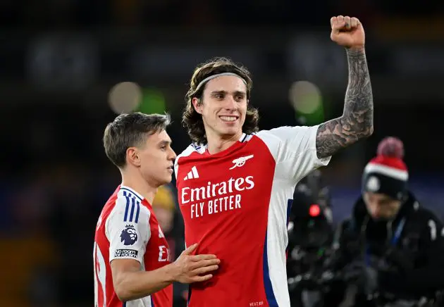 Riccardo Calafiori celebrates after beating Wolves