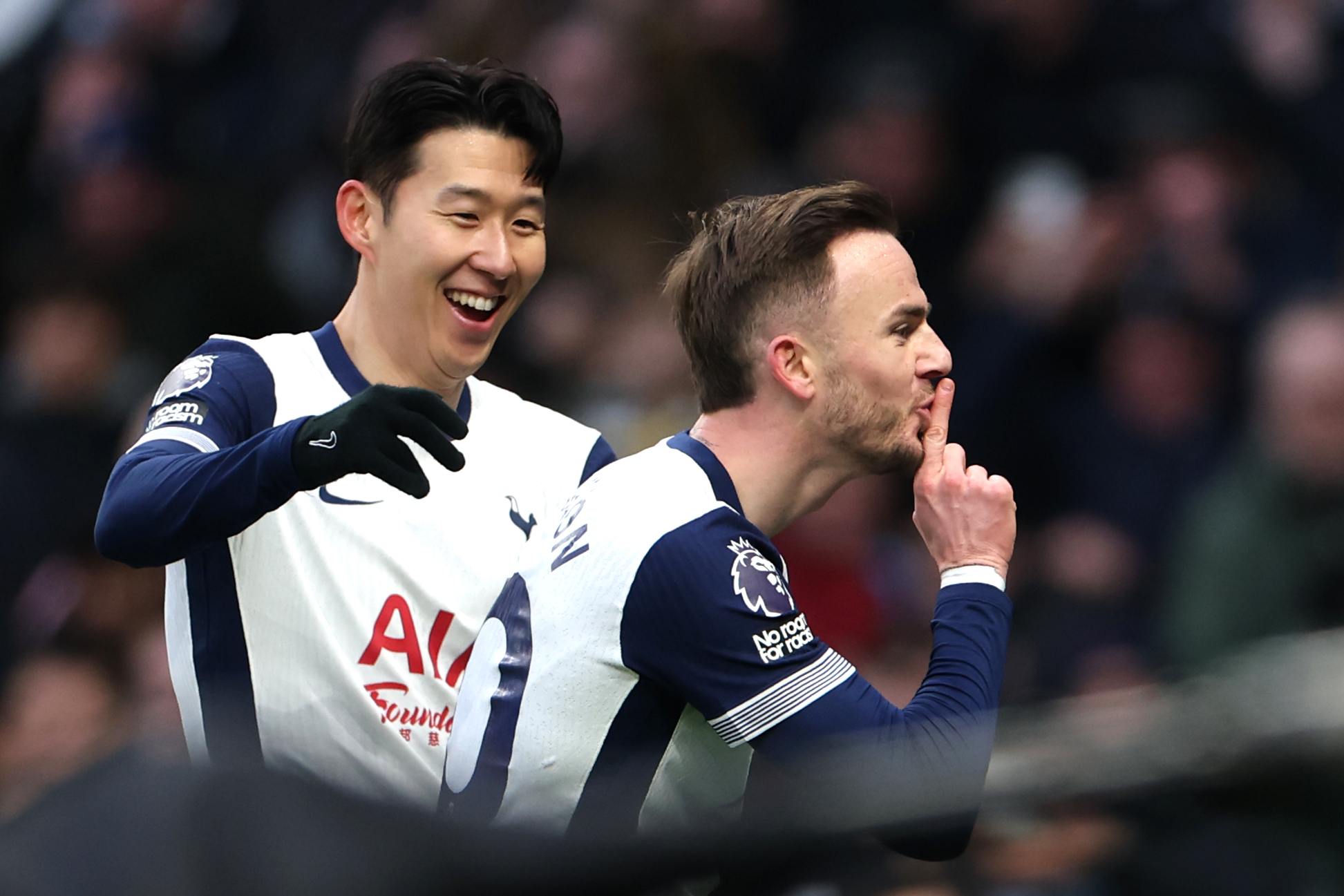 James Maddison celebrates after scoring for Spurs against Man Utd