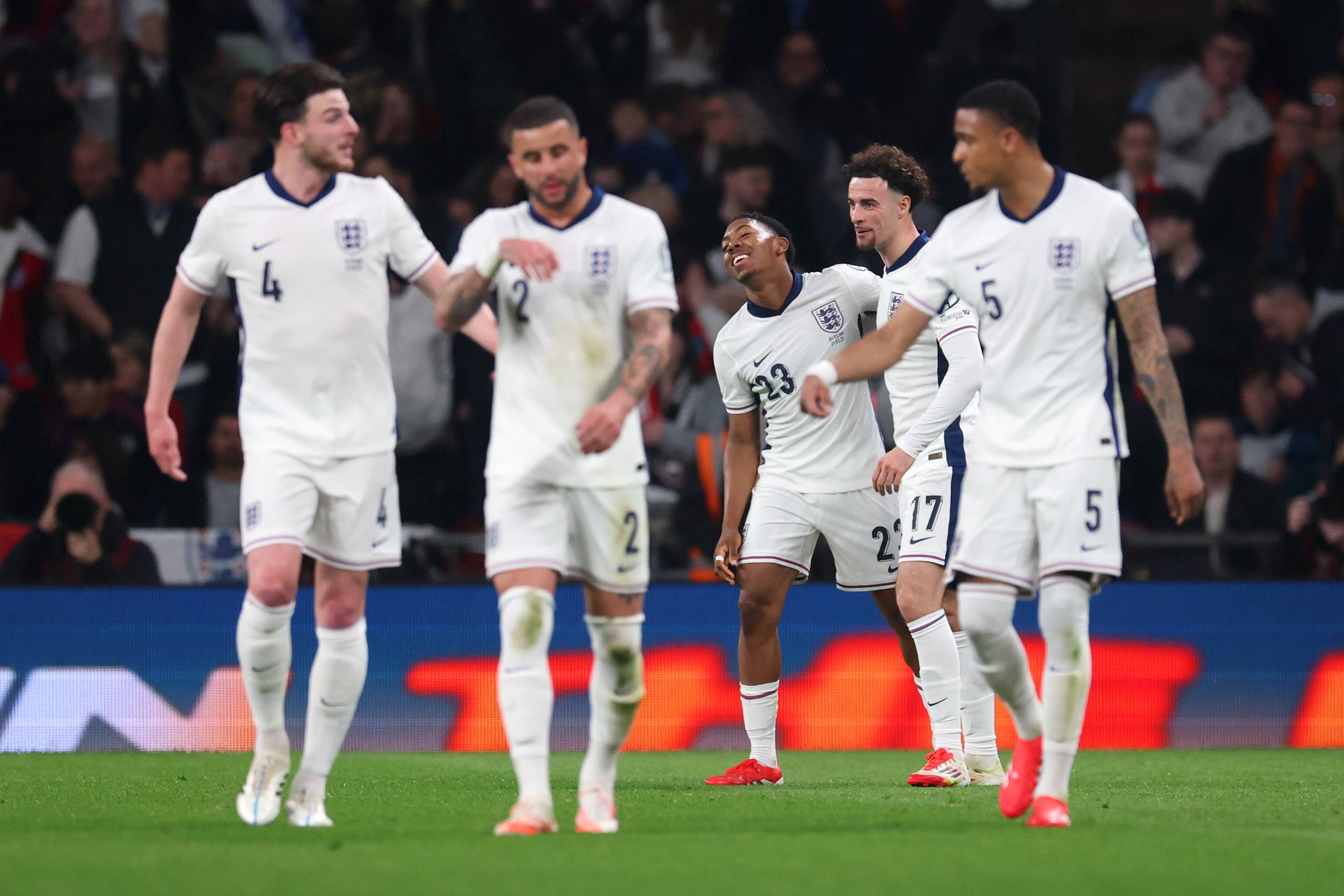 England celebrate Myles Lewis-Skelly's opening goal