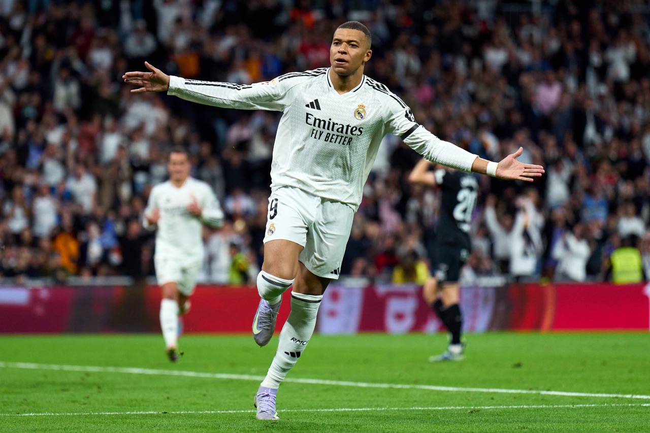Kylian Mbappe celebrates for Real Madrid