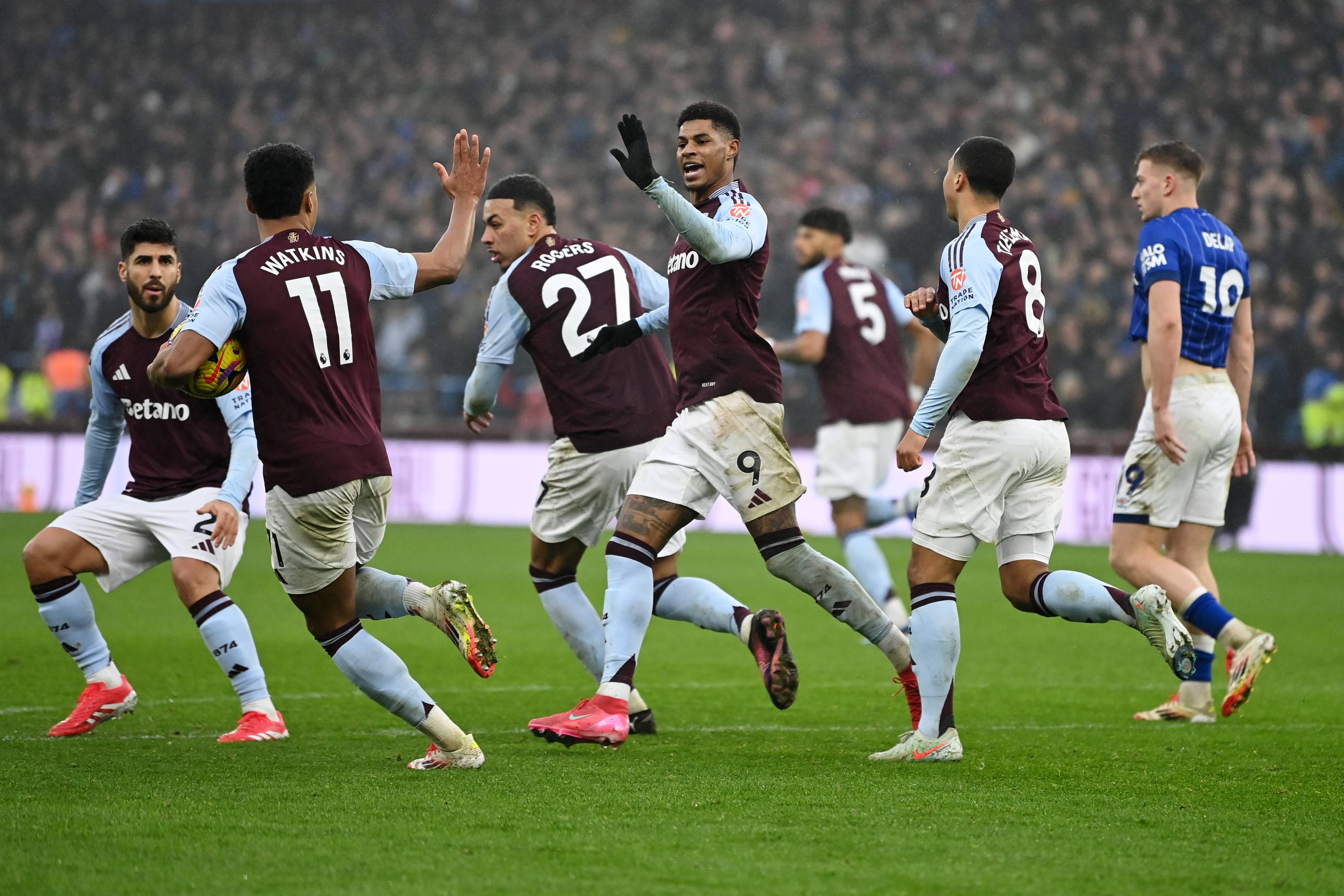 Aston Villa celebrate scoring against Ipswich