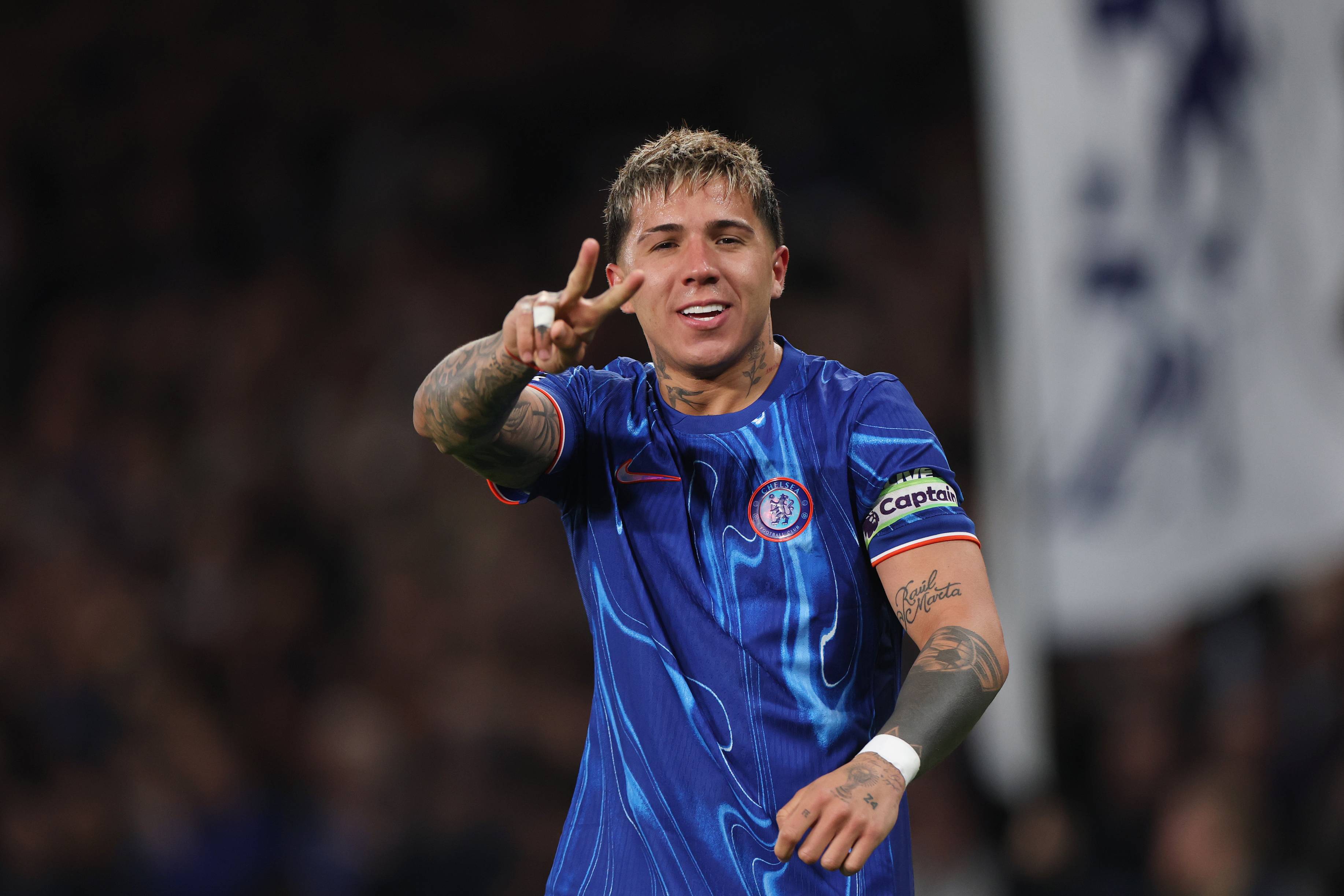 Enzo Fernandez celebrates his goal against Spurs