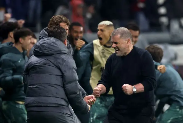 Ange Postecoglou celebrates Tottenham beating Eintracht Frankfurt