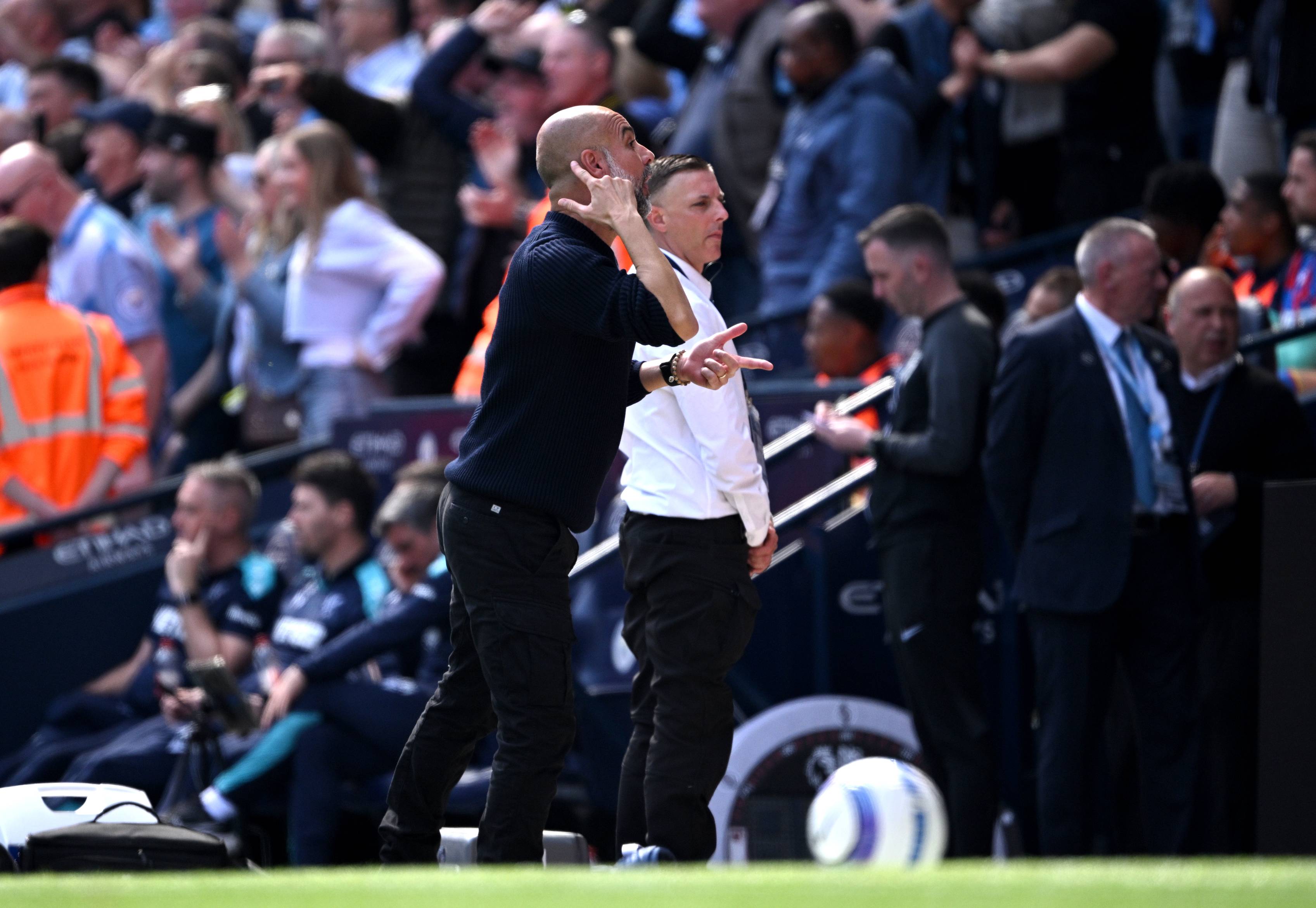 Pep Guardiola celebrates Man City's equaliser
