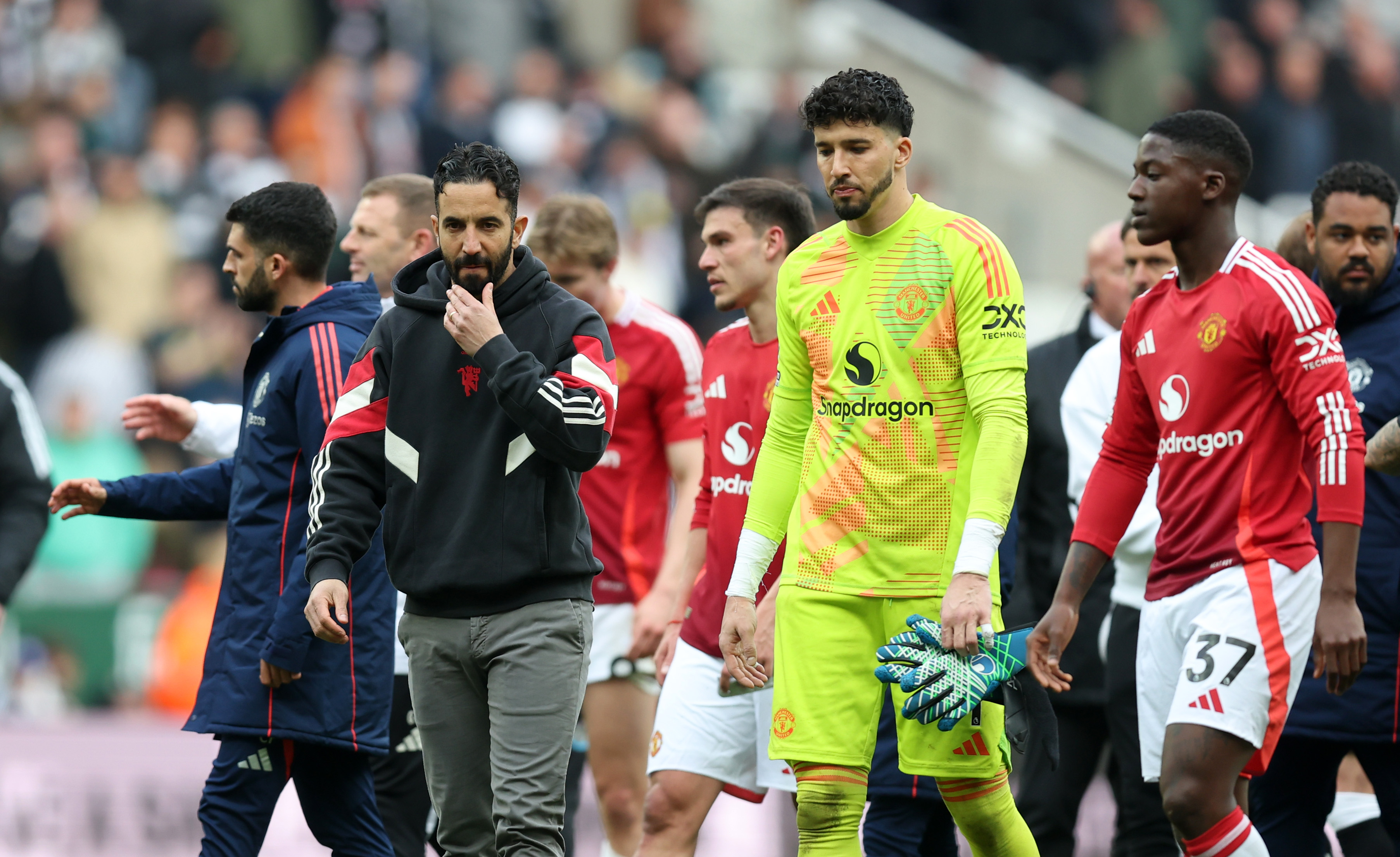 Man Utd boss Ruben Amorim and his players after the defeat to Newcastle