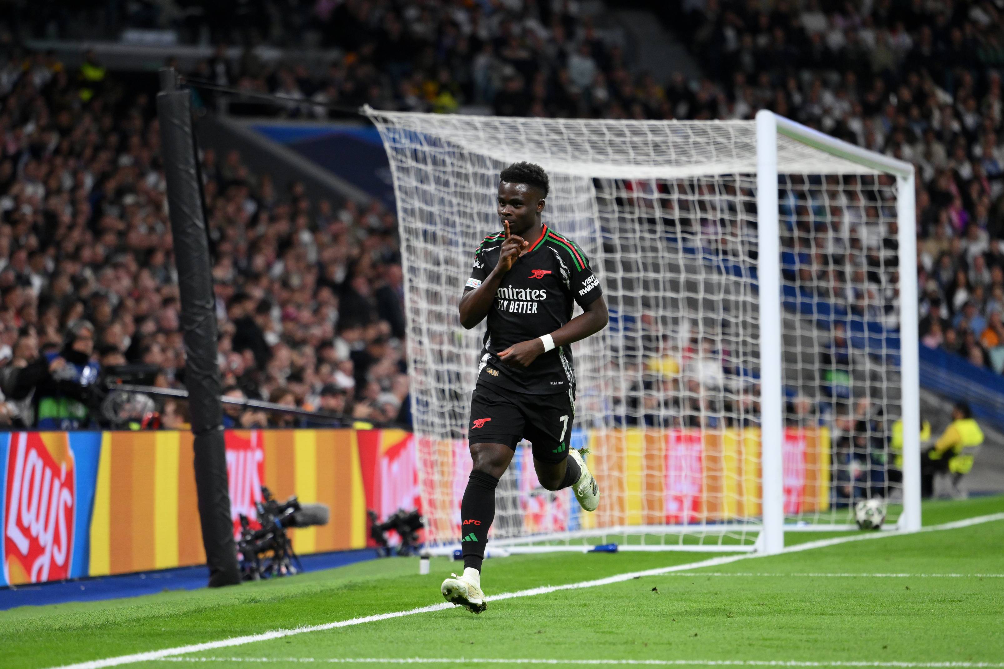 Bukayo Saka celebrates after scoring against Real Madrid