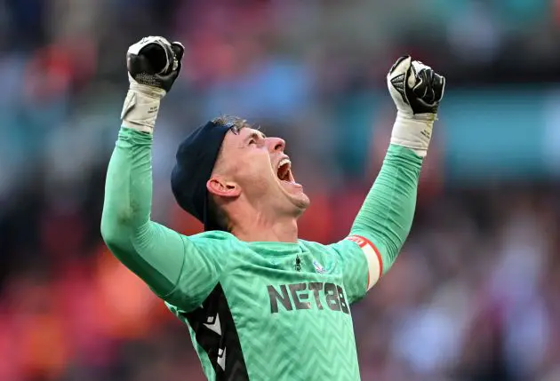 Crystal Palace goalkeeper Dean Henderson celebrates winning the FA Cup