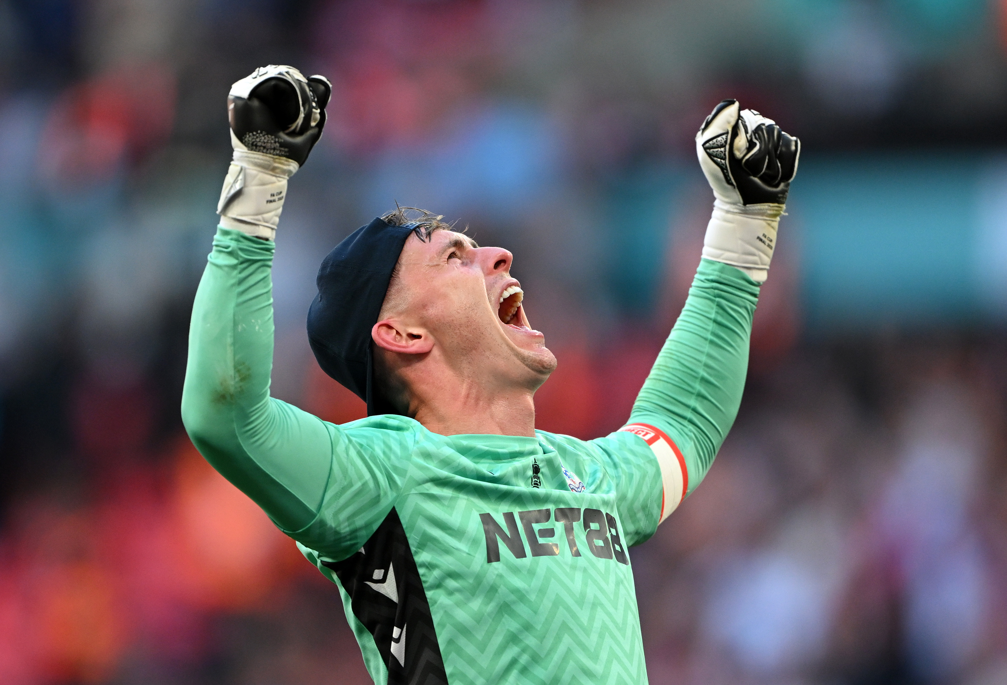 Crystal Palace goalkeeper Dean Henderson celebrates winning the FA Cup