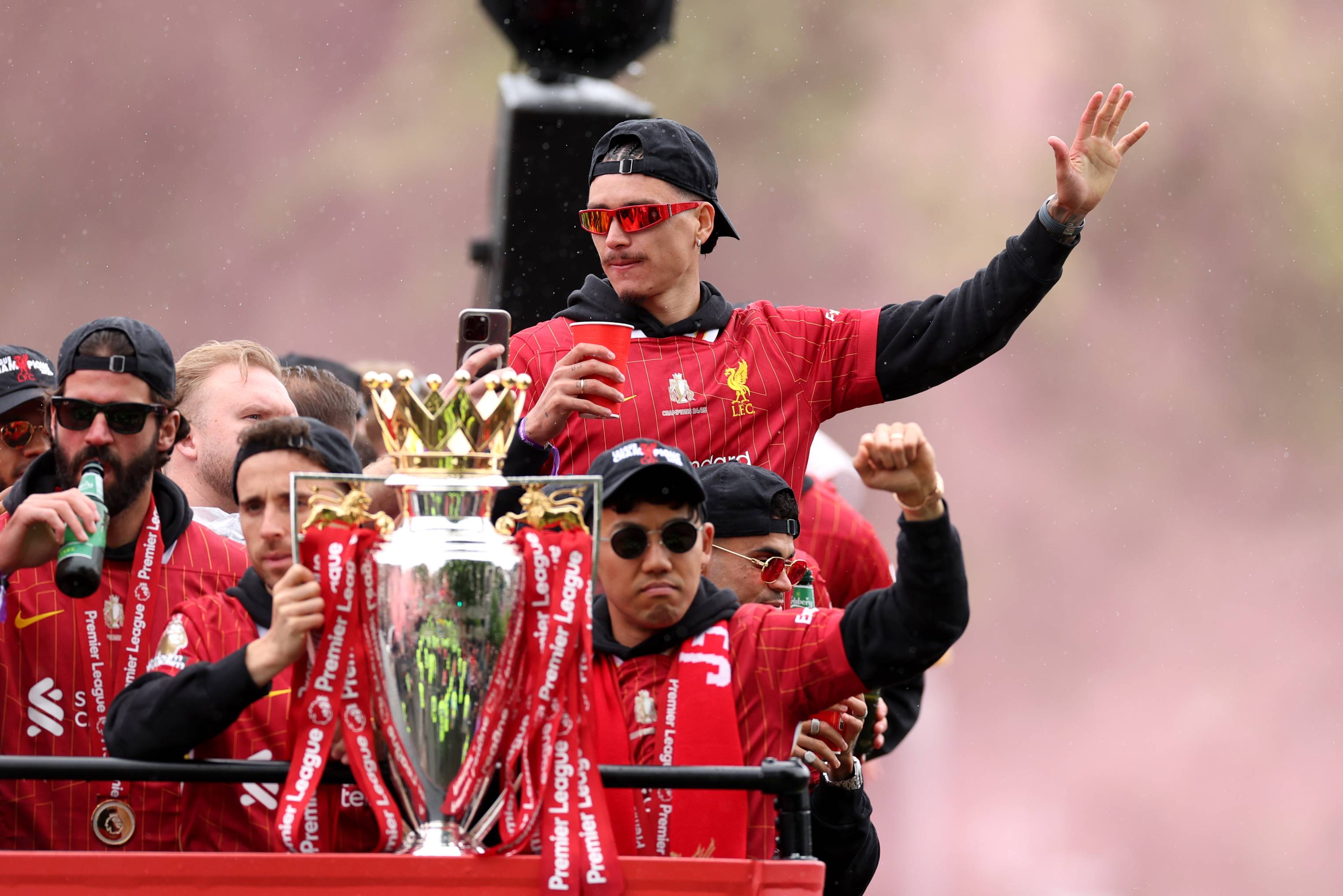 Liverpool players with the Premier League trophy