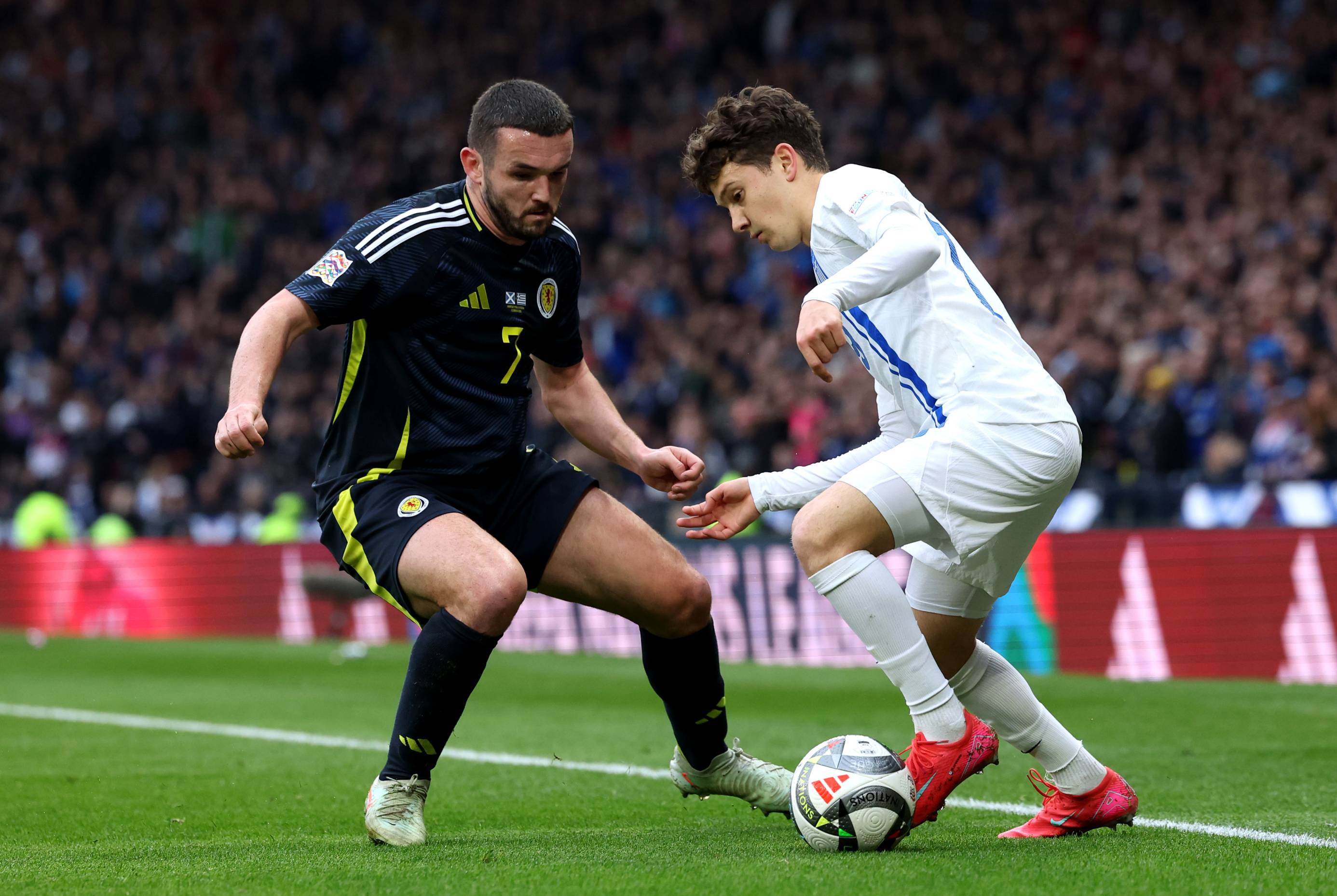 Konstantinos Karetsas of Greece in action against Scotland