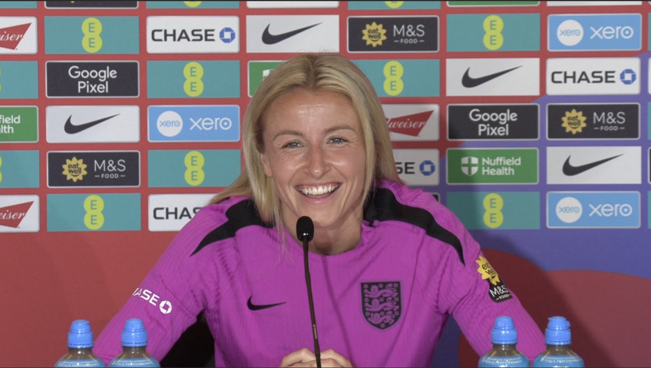 Leah Williamson speaking to the media ahead of England v Sweden at Euro 2025