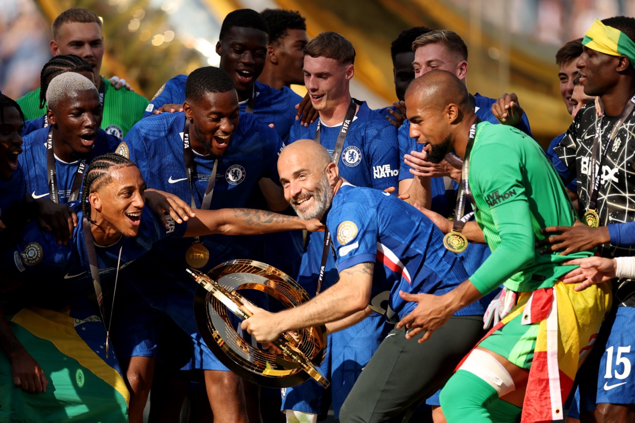 Enzo Maresca celebrates with the FIFA Club World Cup trophy (Photo by Buda Mendes/Getty Images) via ONE FOOTBALL
