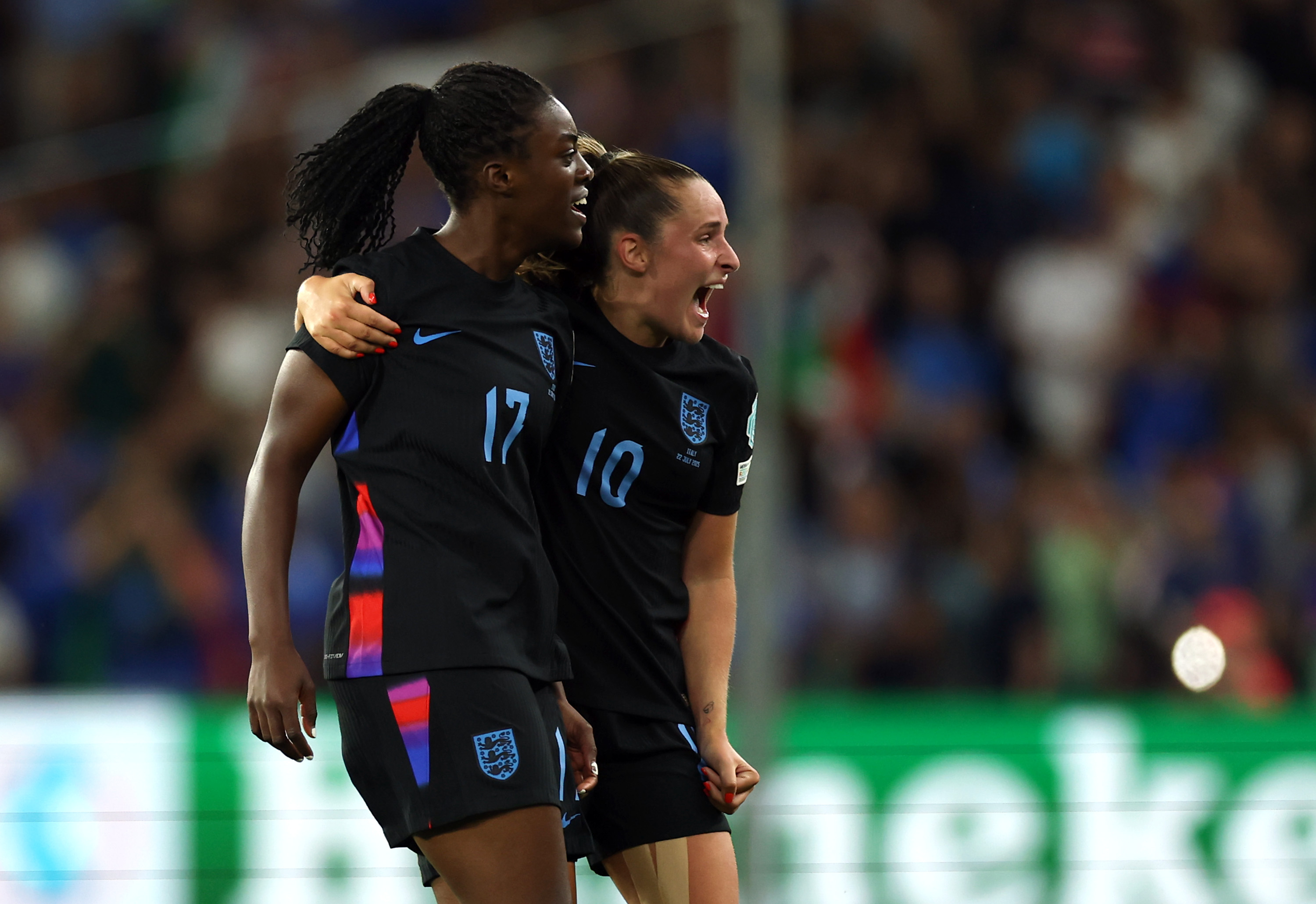 Ella Toone (right) celebrates after England win against Italy