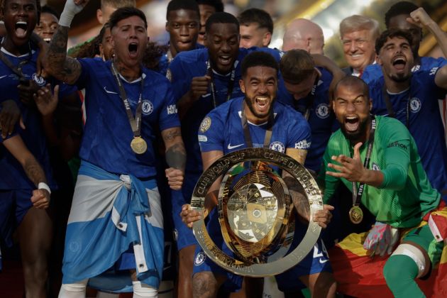 Reece James celebrates with the FIFA Club World Cup trophy with Robert Sanchez (Photo by Chip Somodevilla/Getty Images) via ONE FOOTBALL