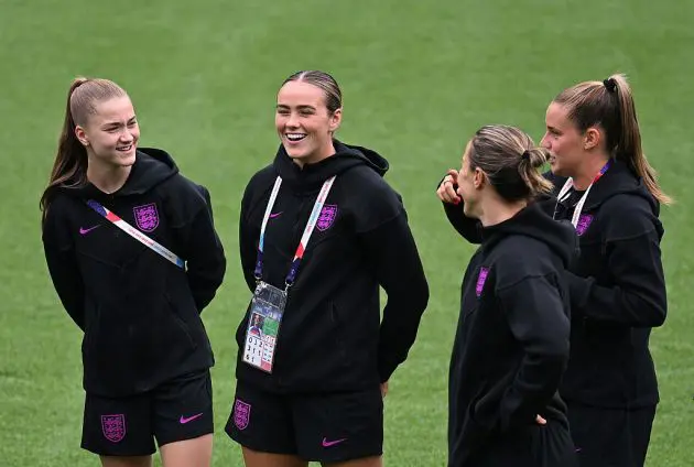 Jessica Park, Grace Clinton, Lucy Bronze and Ella Toone of England (Photo by Matthias Hangst/Getty Images)