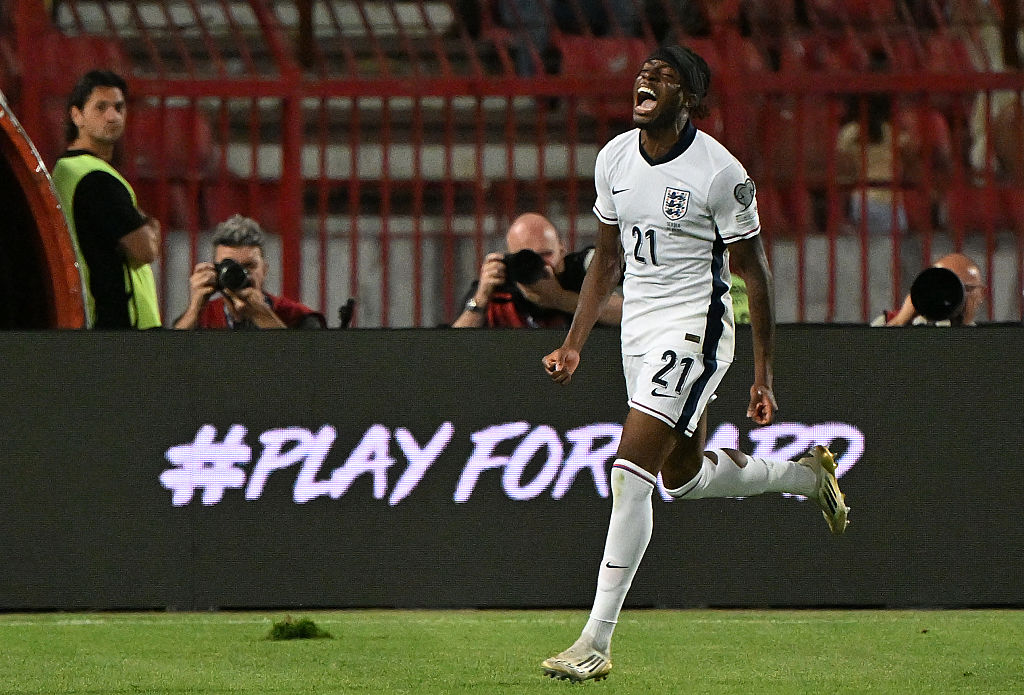 Noni Madueke celebrates his goal against Serbia