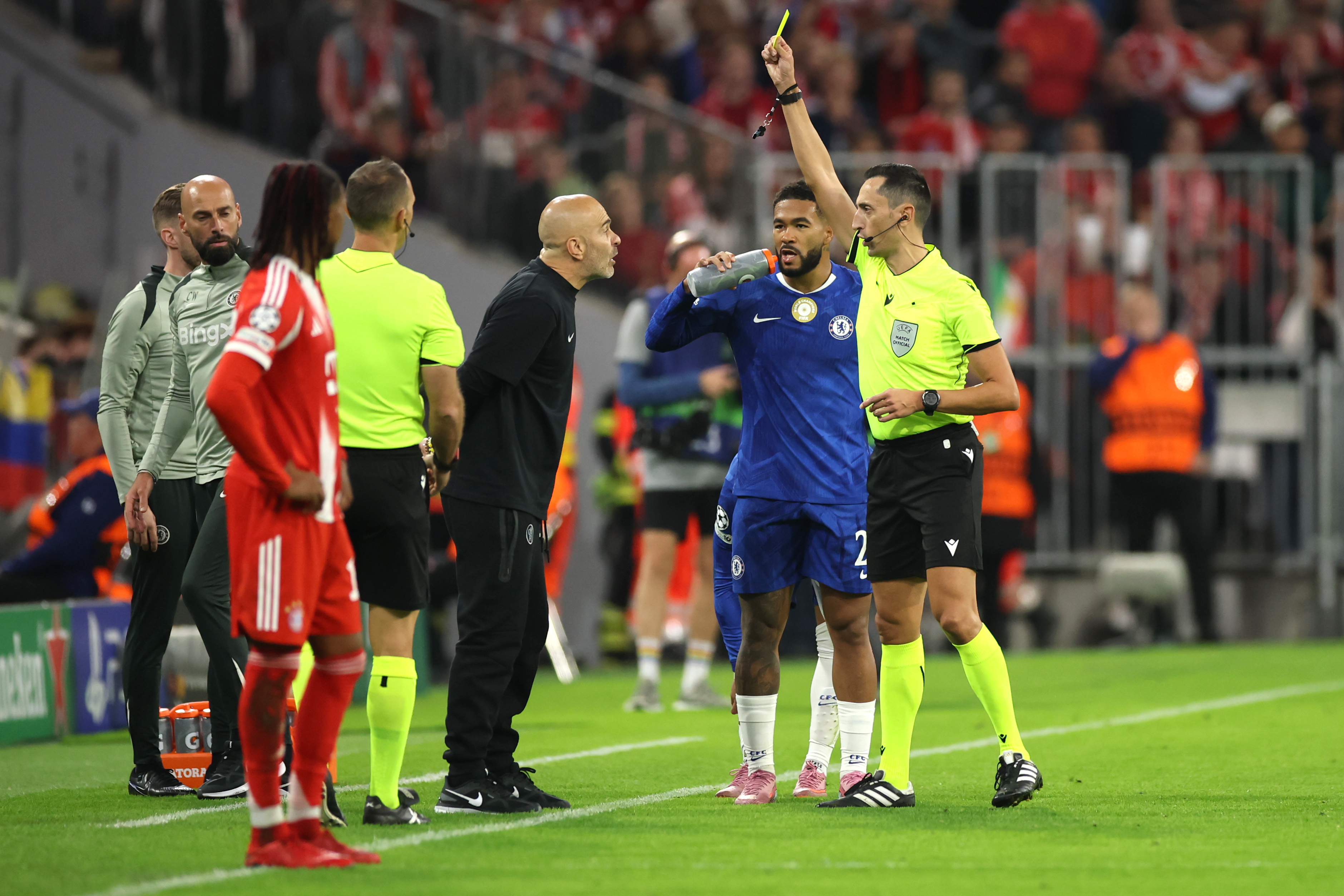 Enzo Maresca is booked against Bayern Munich