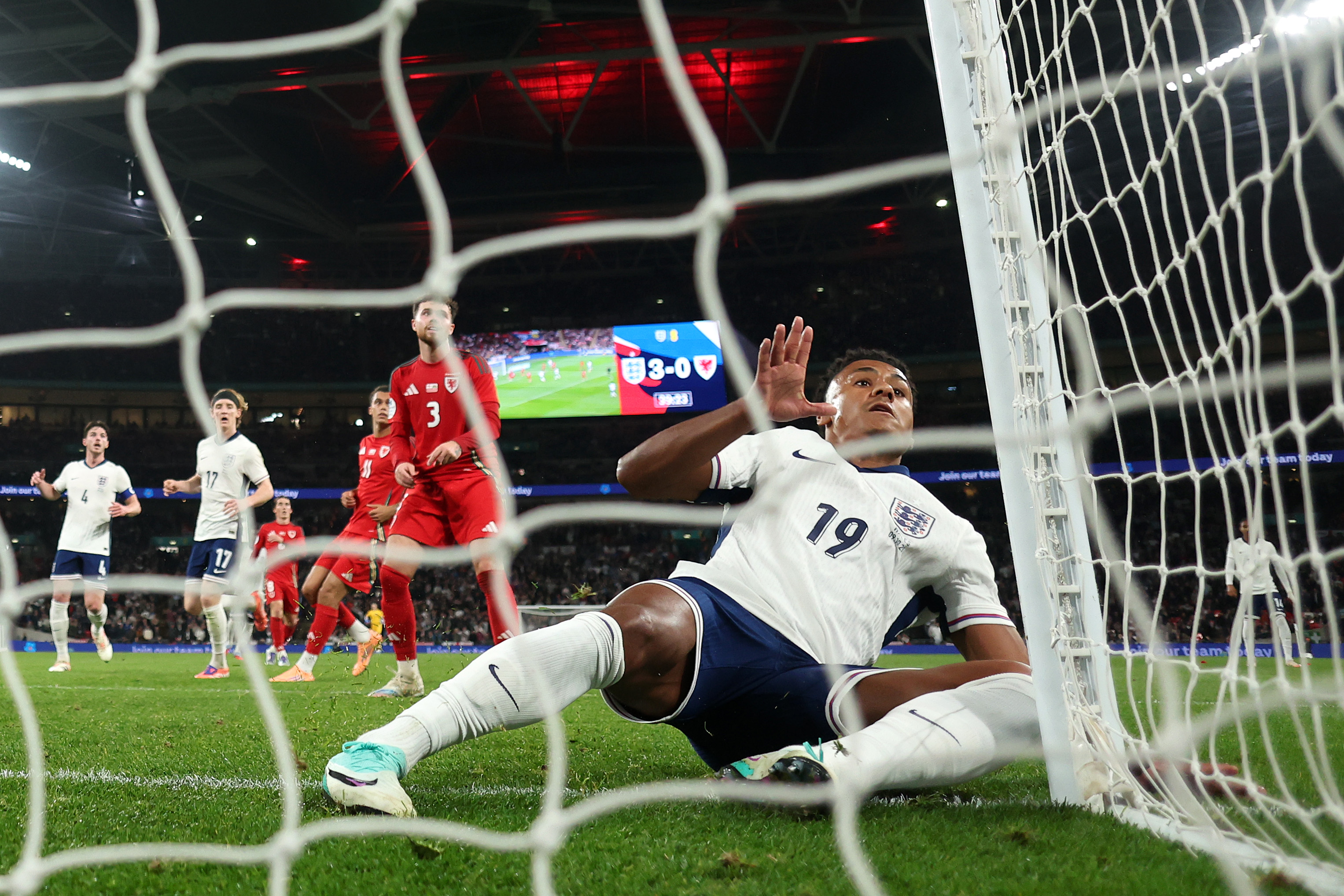 Ollie Watkins collides with the post