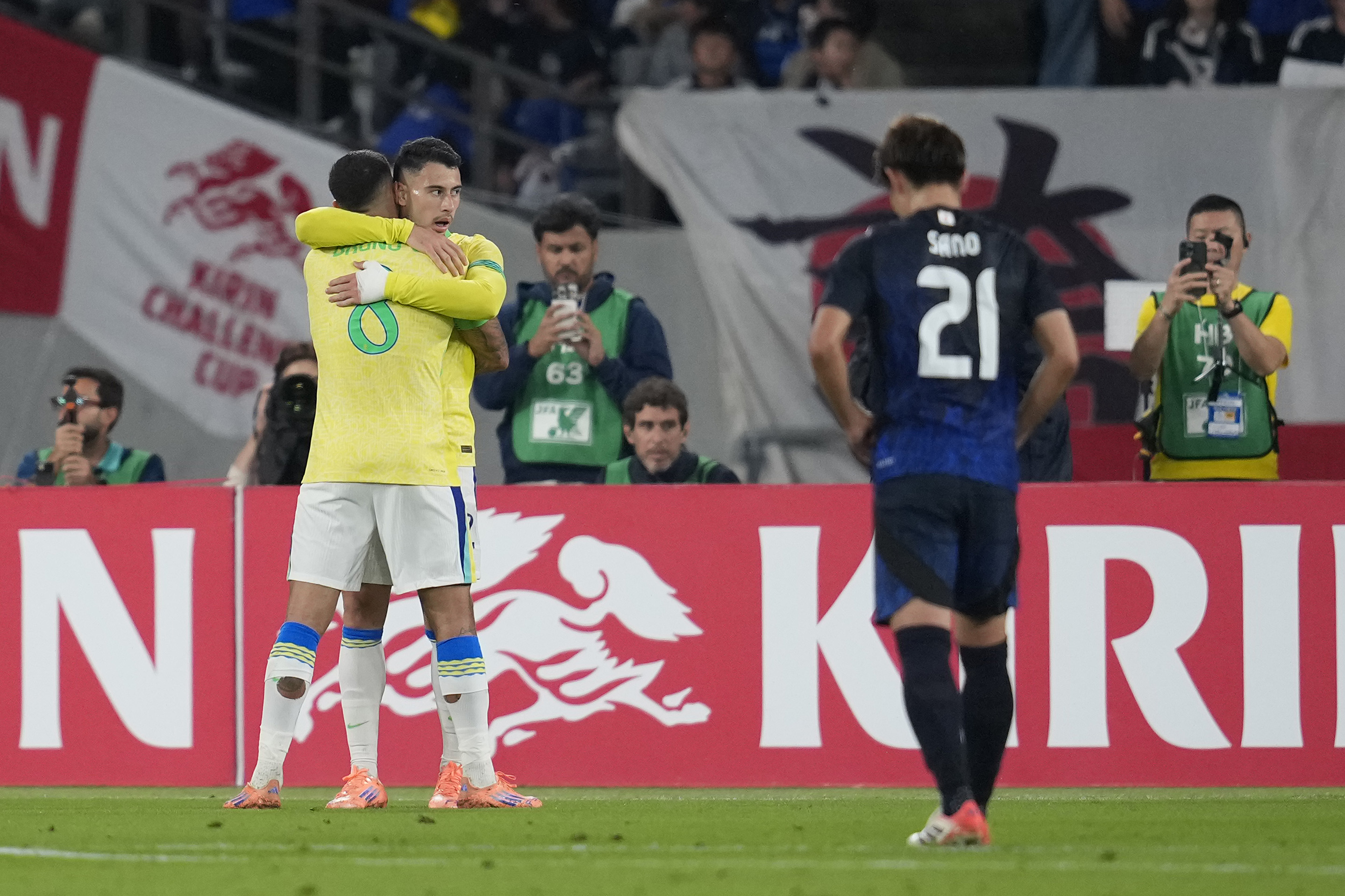 Gabriel Martinelli celebrates his goal for Brazil