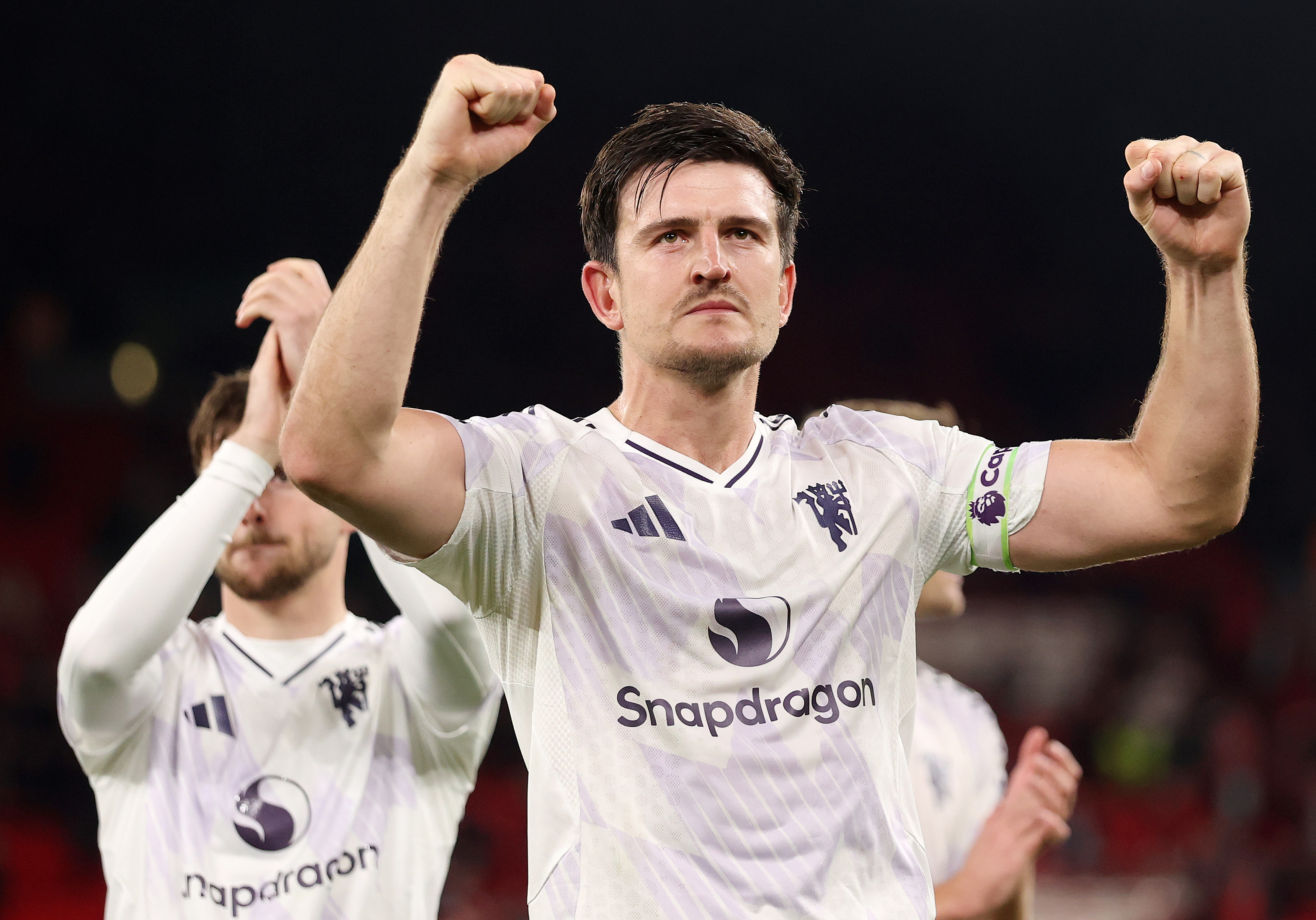 Harry Maguire celebrates against Liverpool