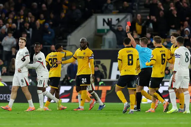 Liam Delap is sent off against Wolves