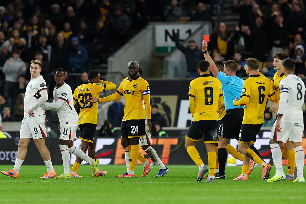 Liam Delap is sent off against Wolves