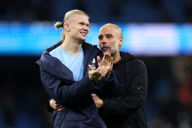 Pep Guardiola and Erling Haaland (Photo by Michael Steele/Getty Images)