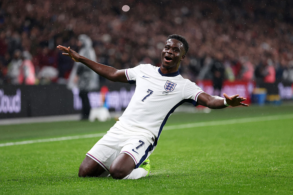 Bukayo Saka celebrates his goal for England