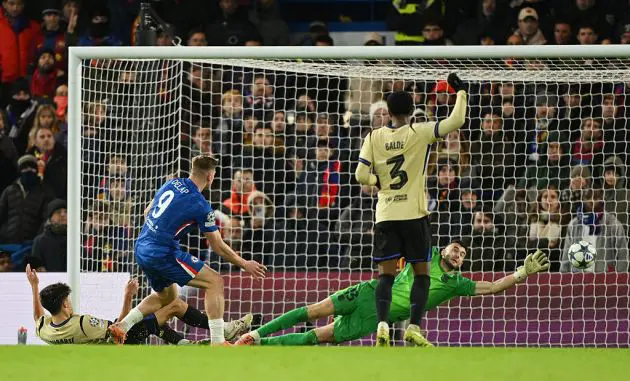 Liam Delap scores against Barcelona