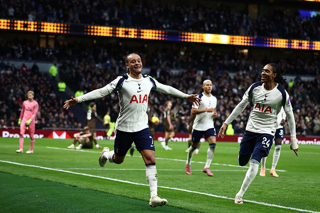 Xavi Simons celebrates his goal against Brentford