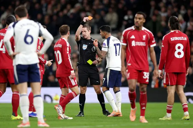 Cristian Romero is sent off against Liverpool