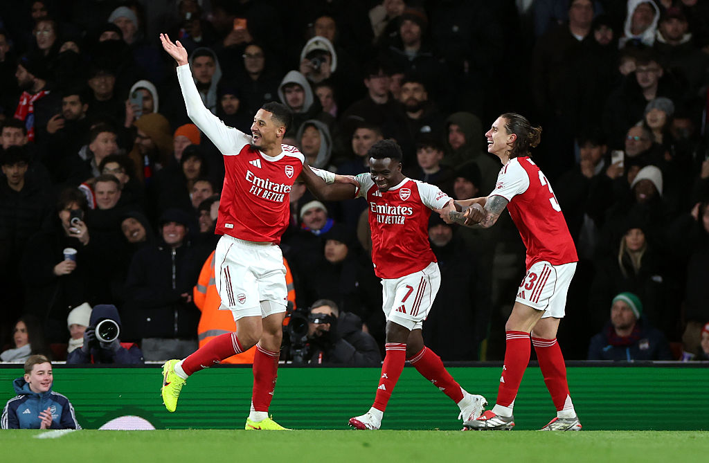 William Saliba leads Arsenal celebrations against Crystal Palace.(by Alex Pantling/Getty Images)