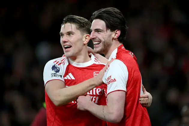 Declan Rice and Viktor Gyokeres celebrate